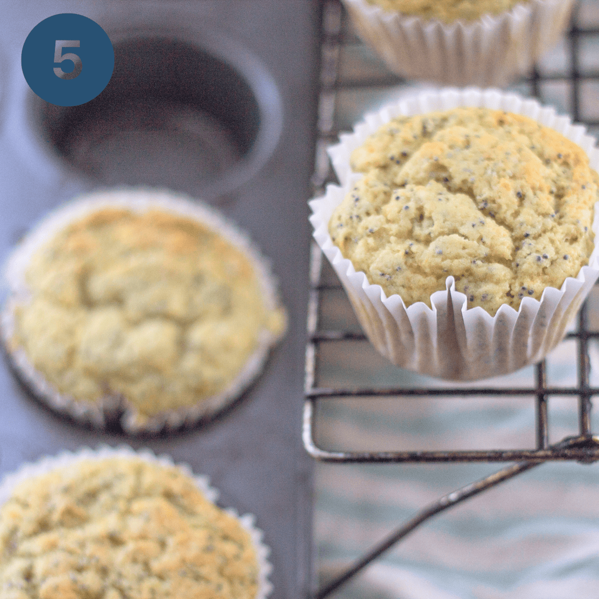 Cooling lemon muffins on a cooling rack.