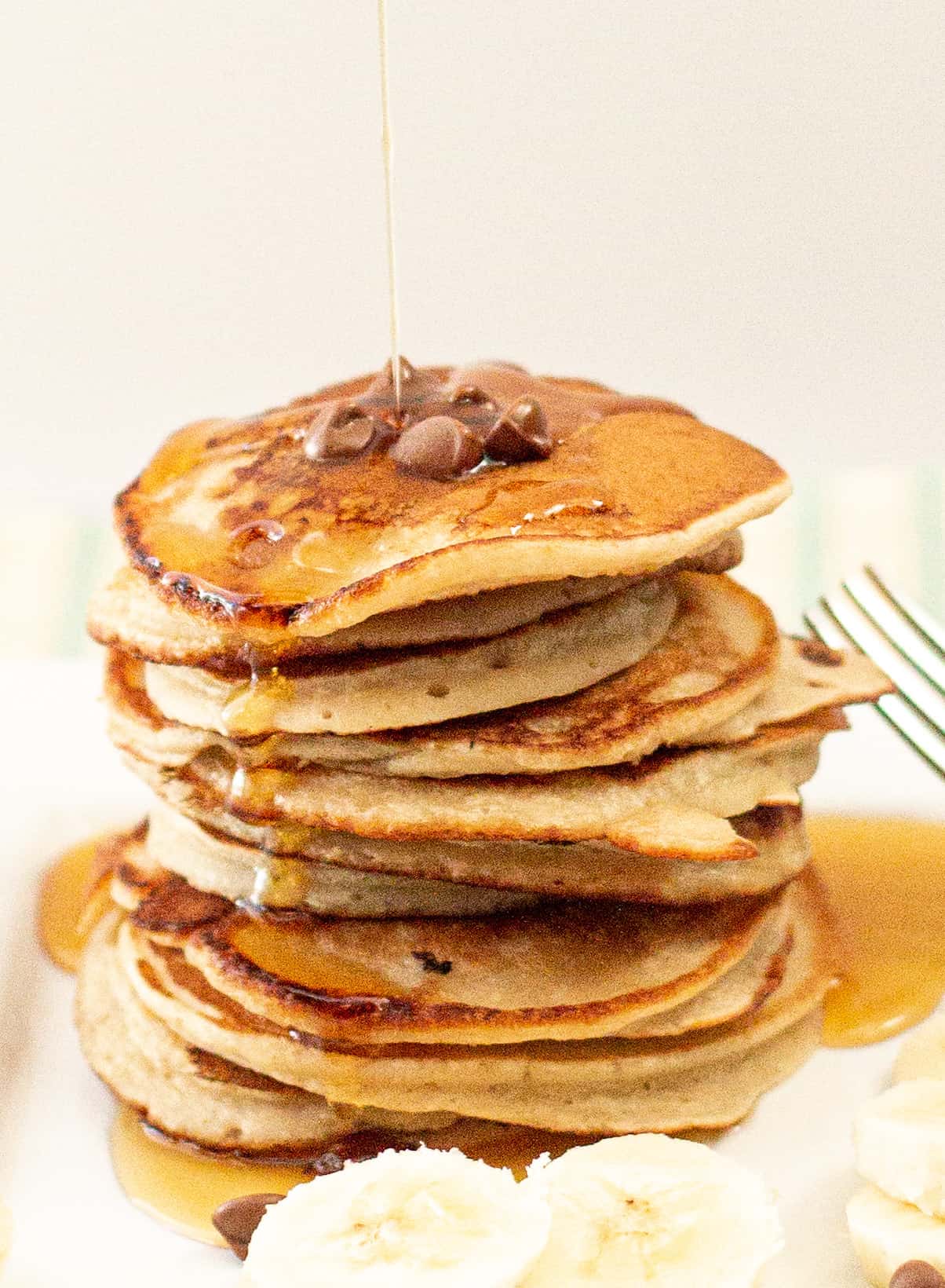 A close up of a pancake stack