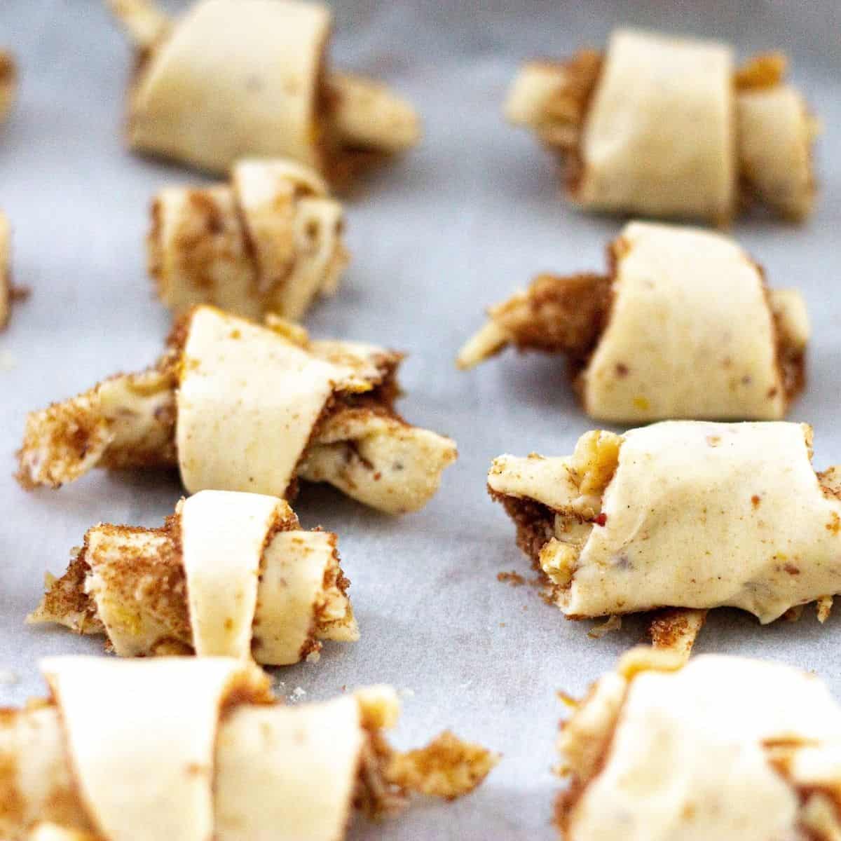 Rugelach rolled up ready to bake