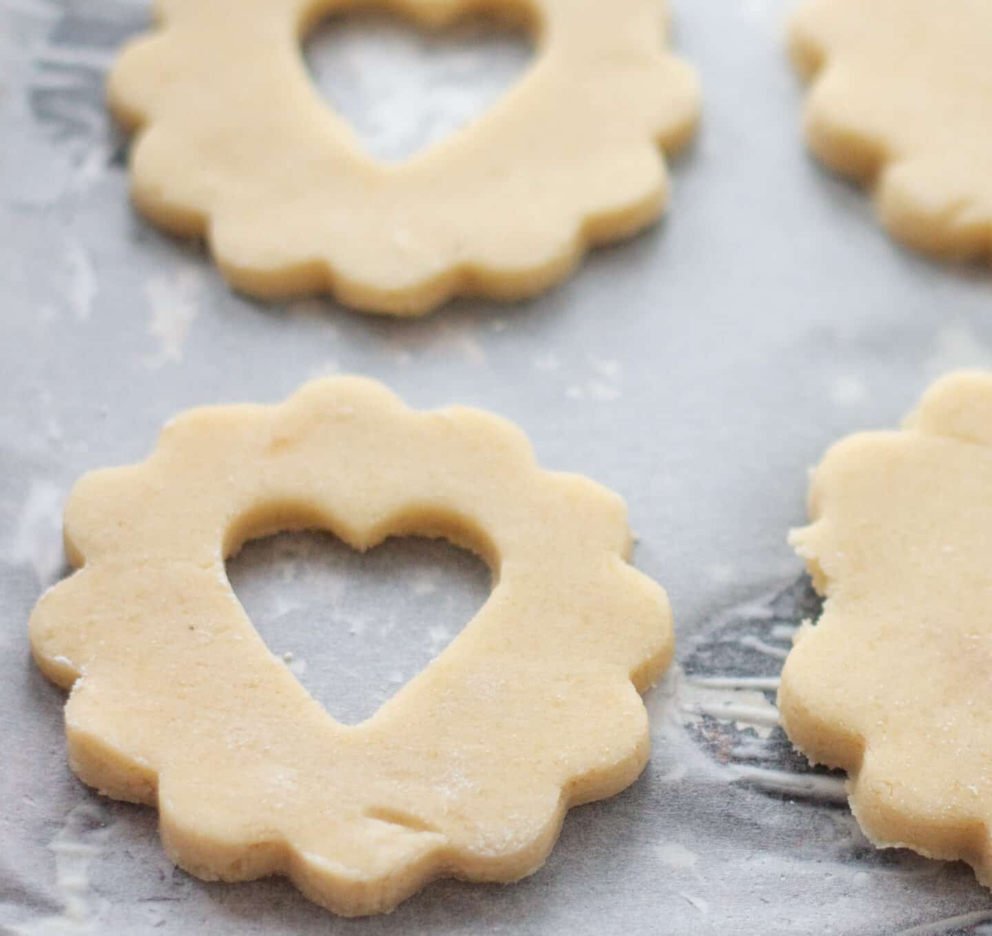 Cookie dough cut into hearts