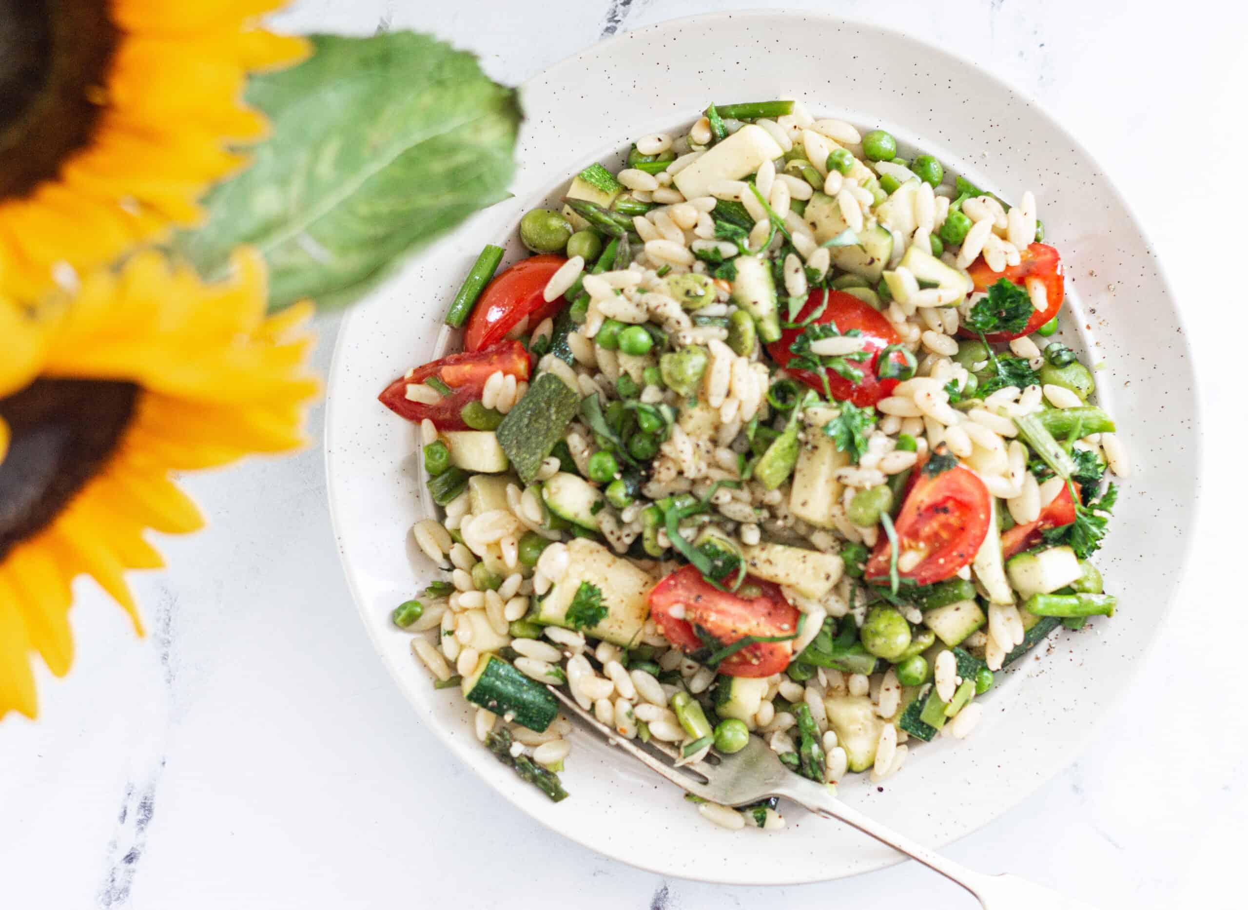 A large bowl of pasta primavera