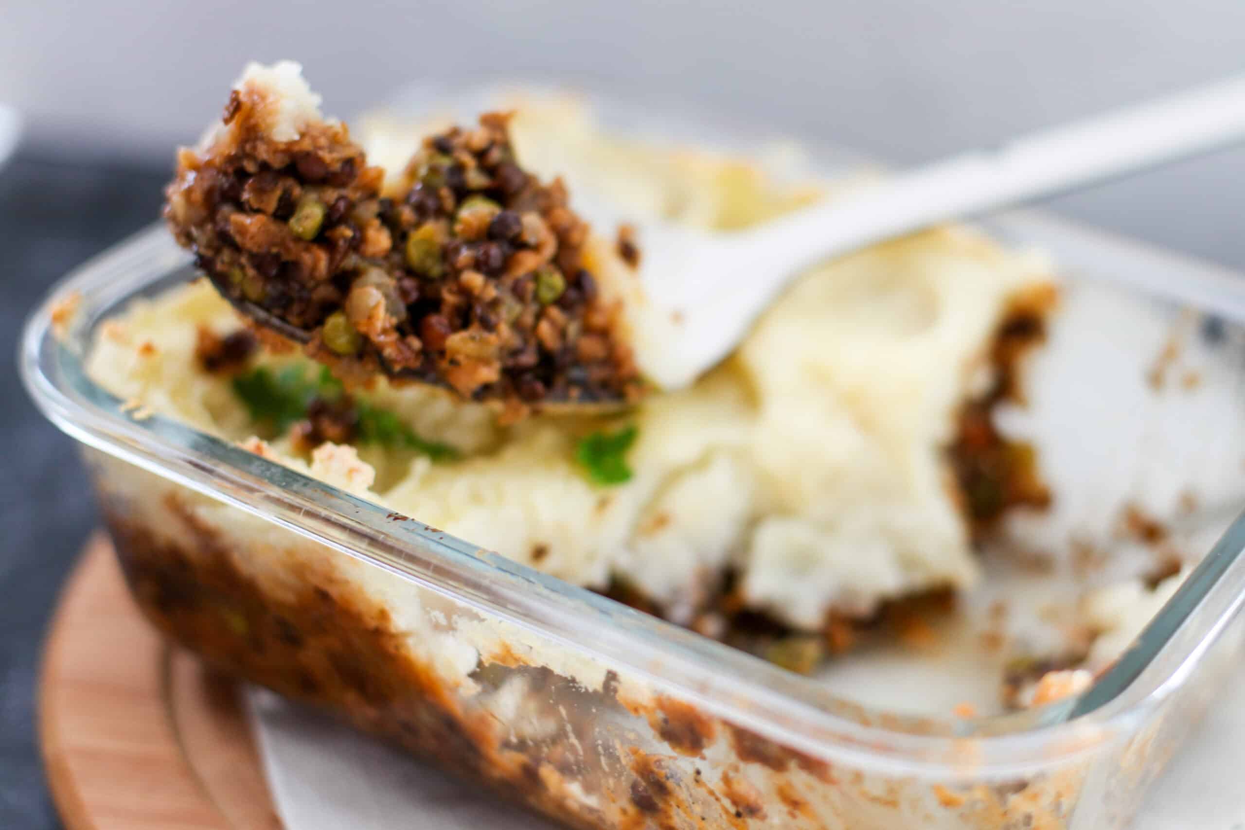 A large spoonful of shepherds pie.