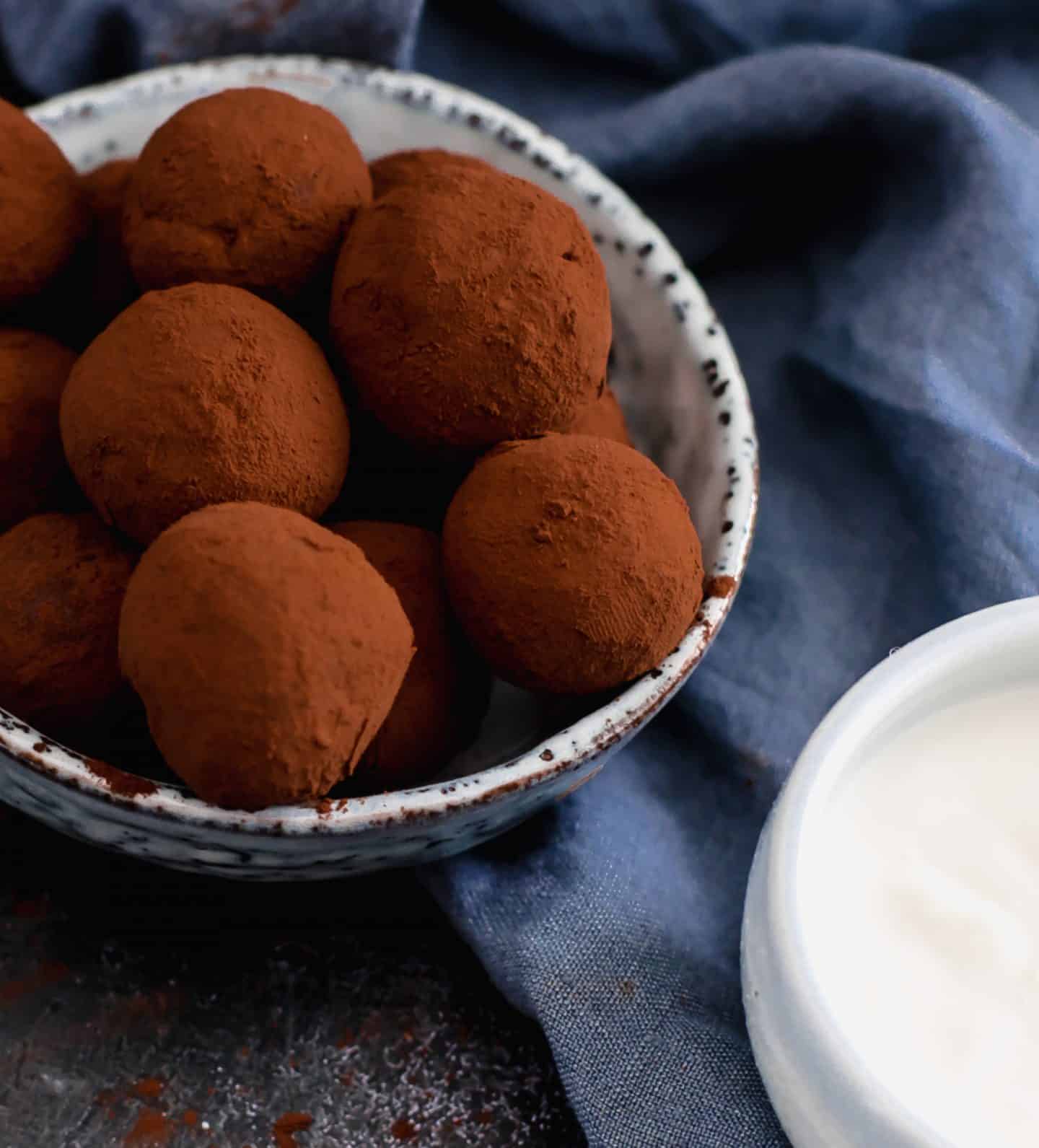 A bowl of vegan chocolate truffles