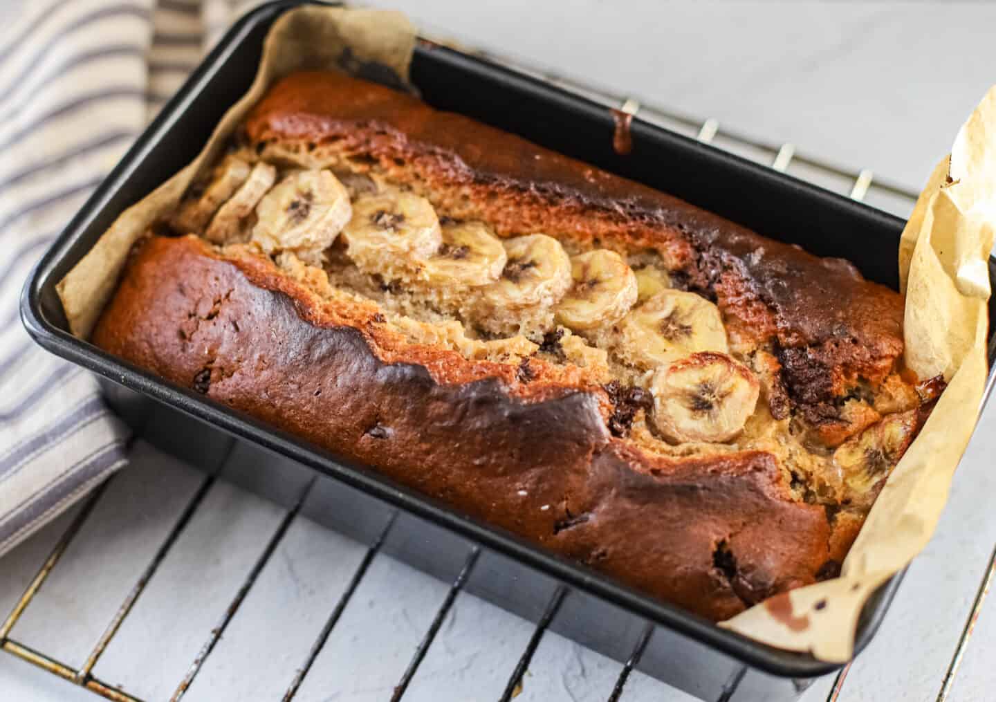 Banana bread in a loaf tin.