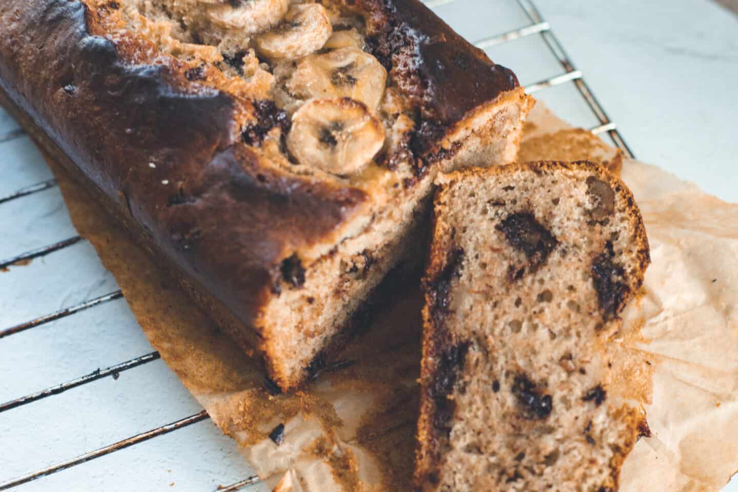 A loaf of banana bread sliced.