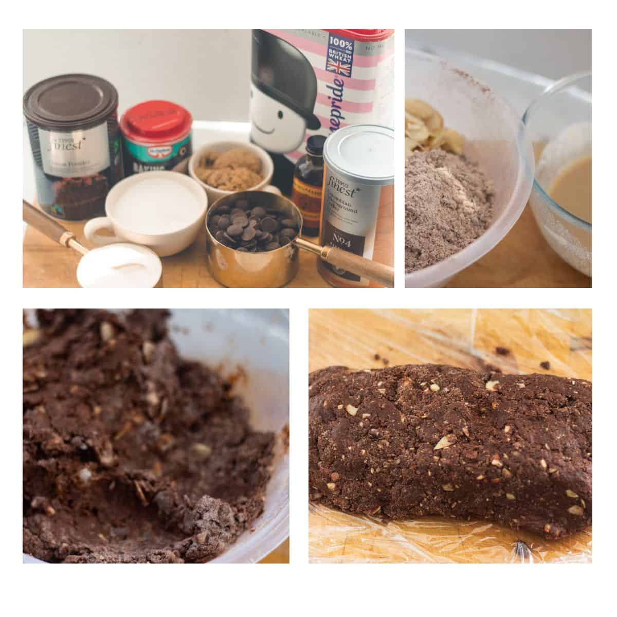 A grid showing instructions to make chocolate biscotti