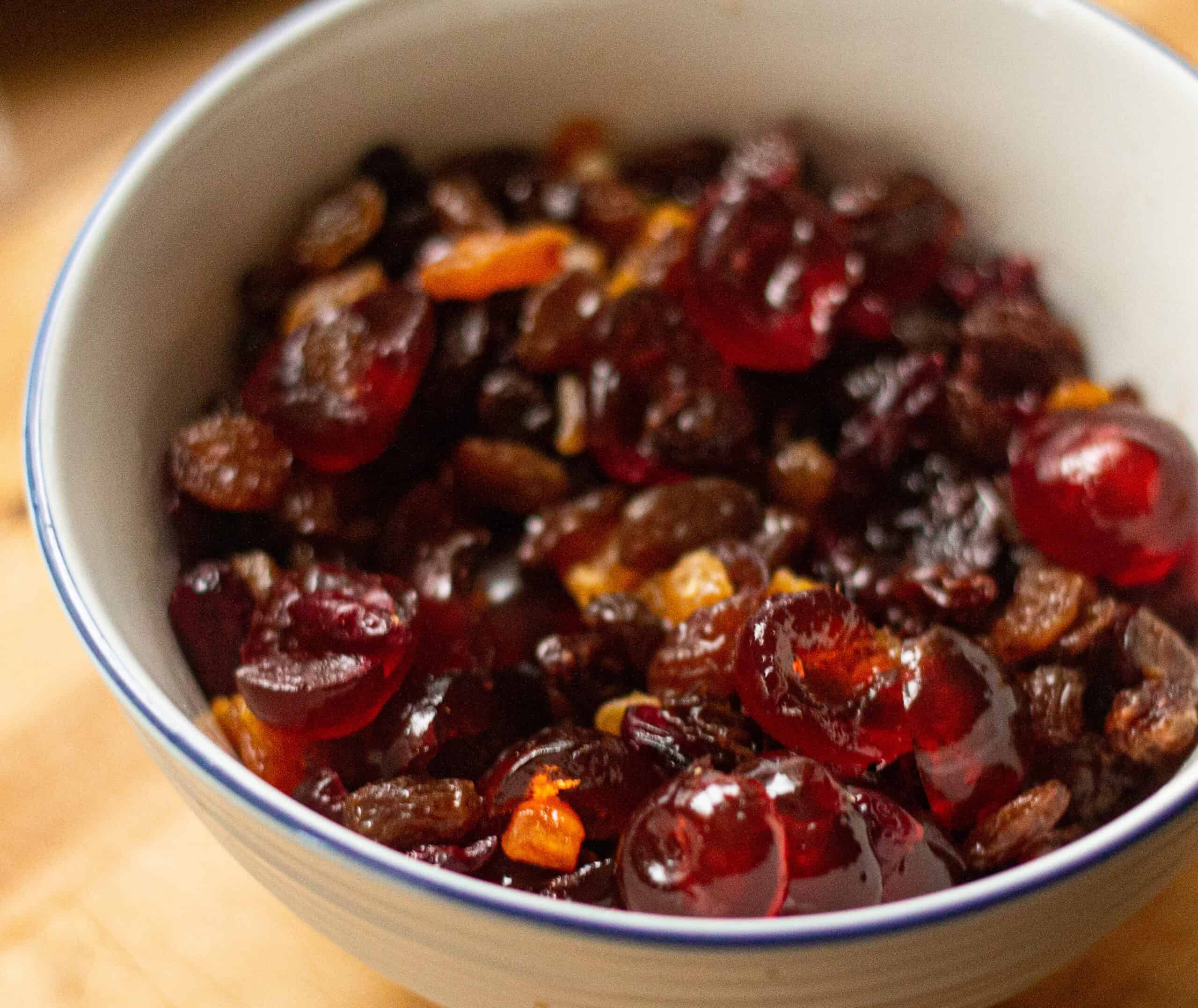 Dried fruit steeping for a christmas pudding