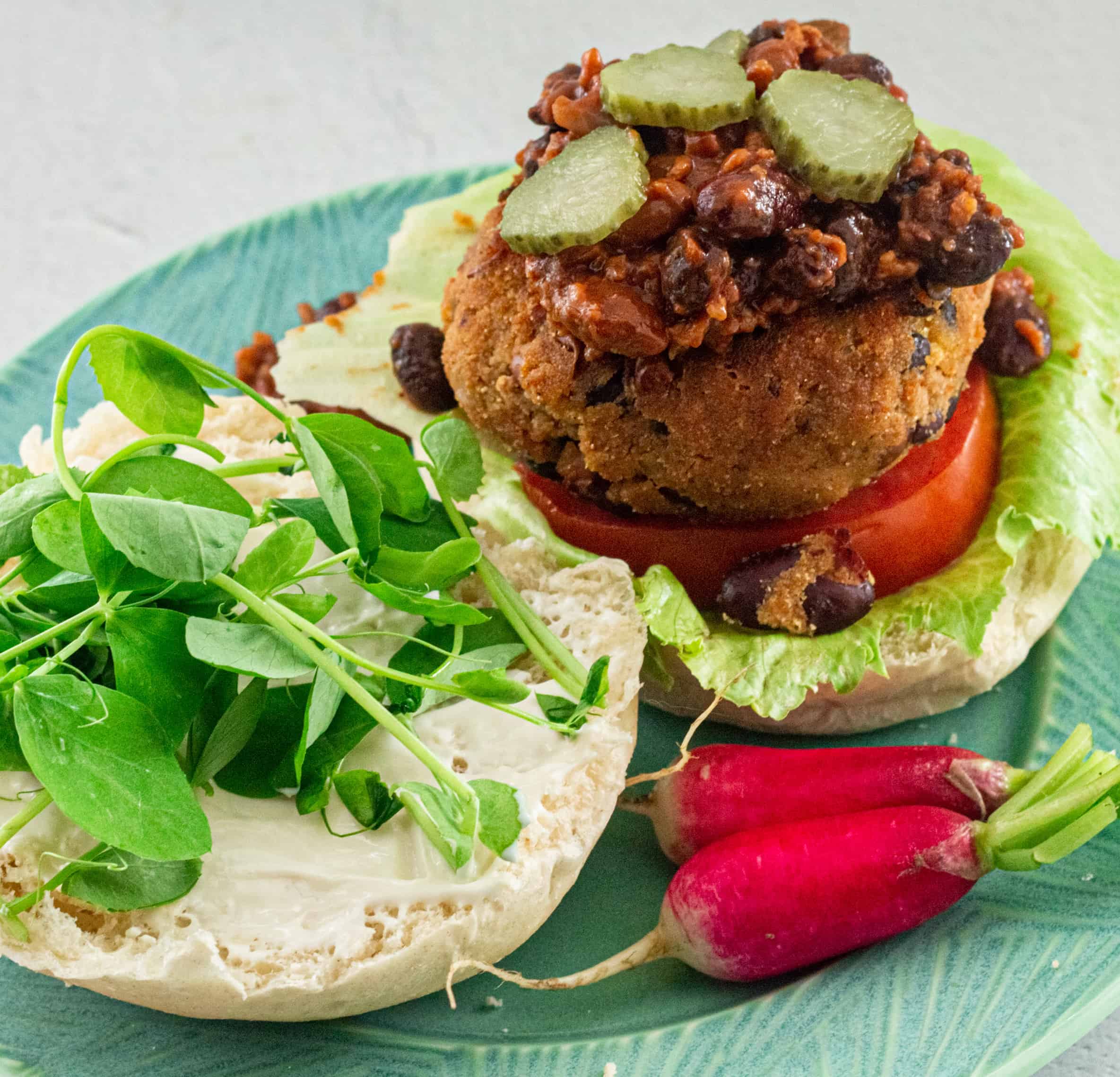 Spicy Beanburger on a plate with lettuce