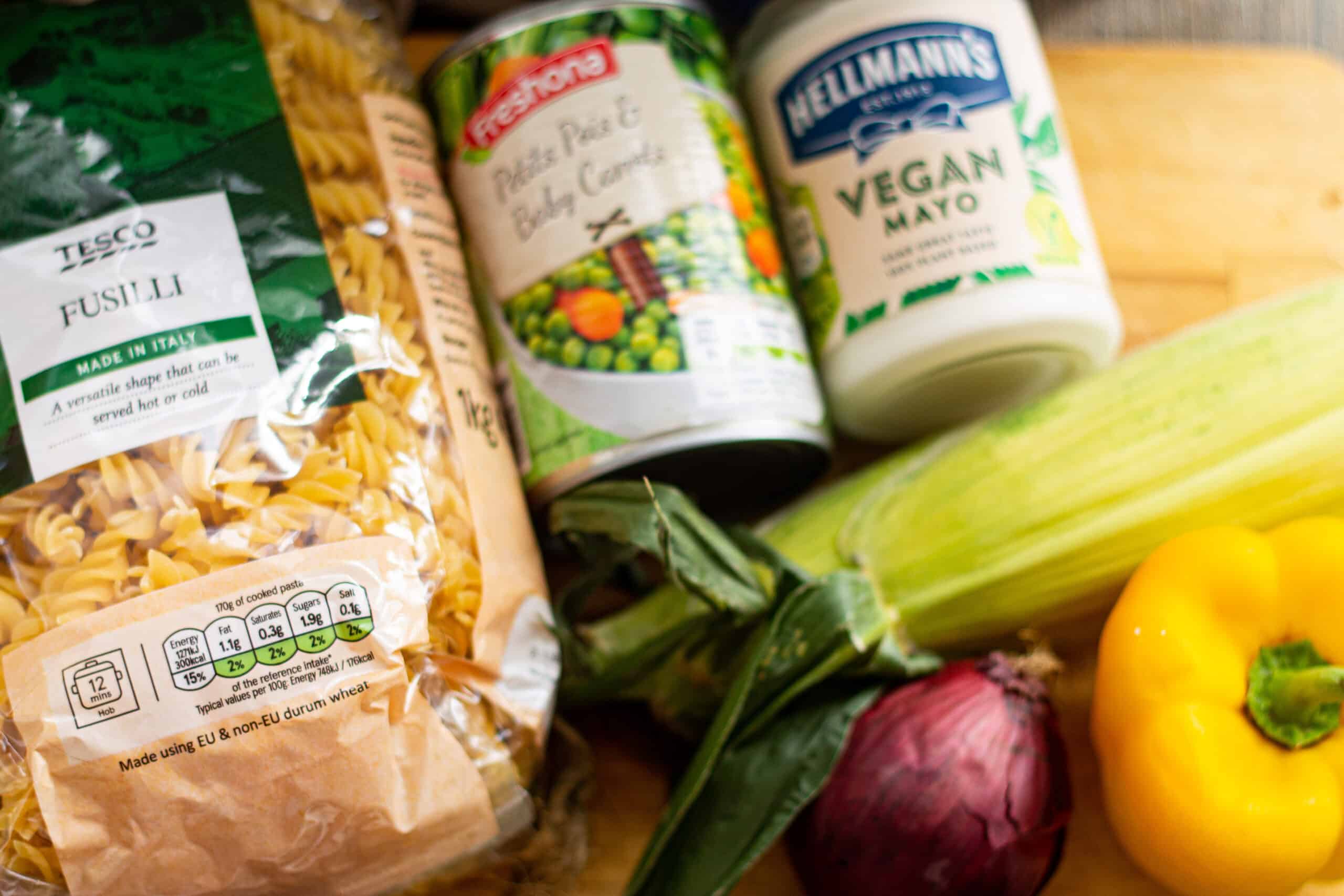 Ingredients for making a vegan pasta salad