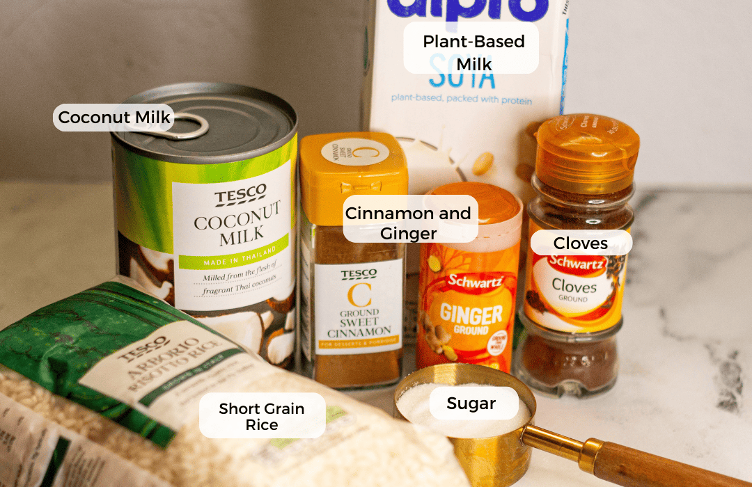 Ingredients for Arroz con Leche.