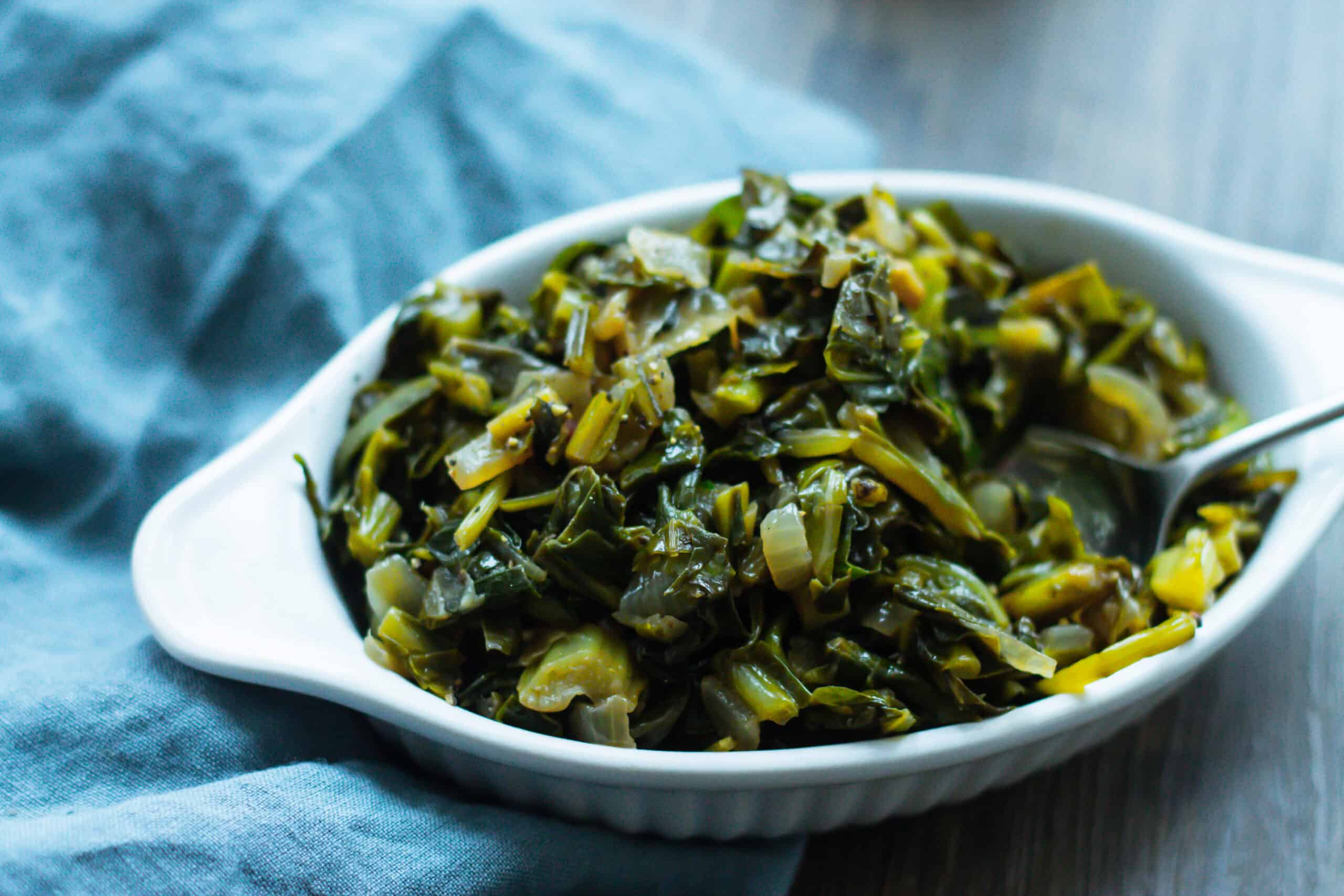 A dish of cooked collard greens