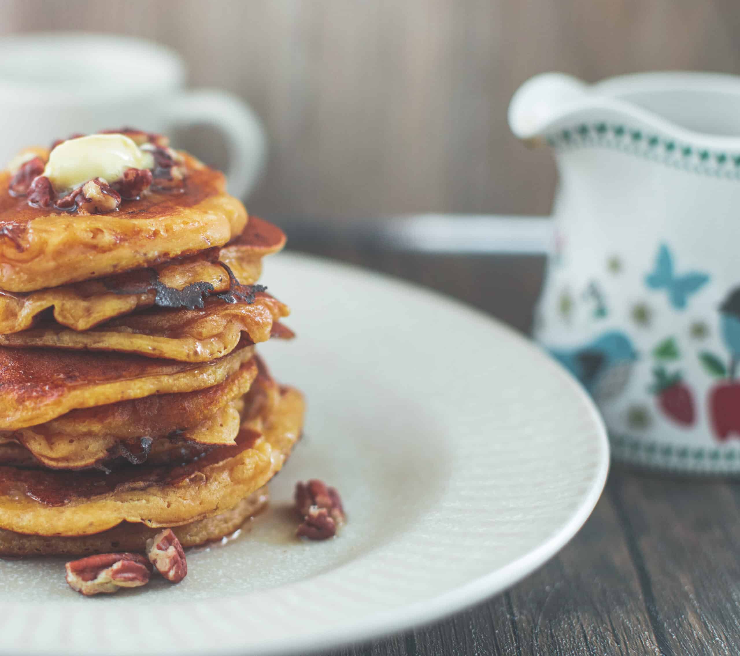 A stack of vegan brown sugar pumpkin pancakes