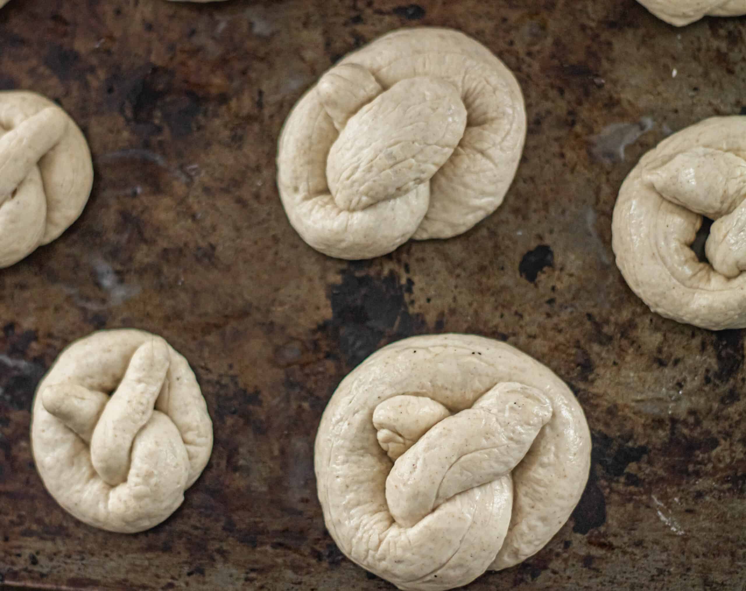 Pretzel dough formed into the pretzel shape