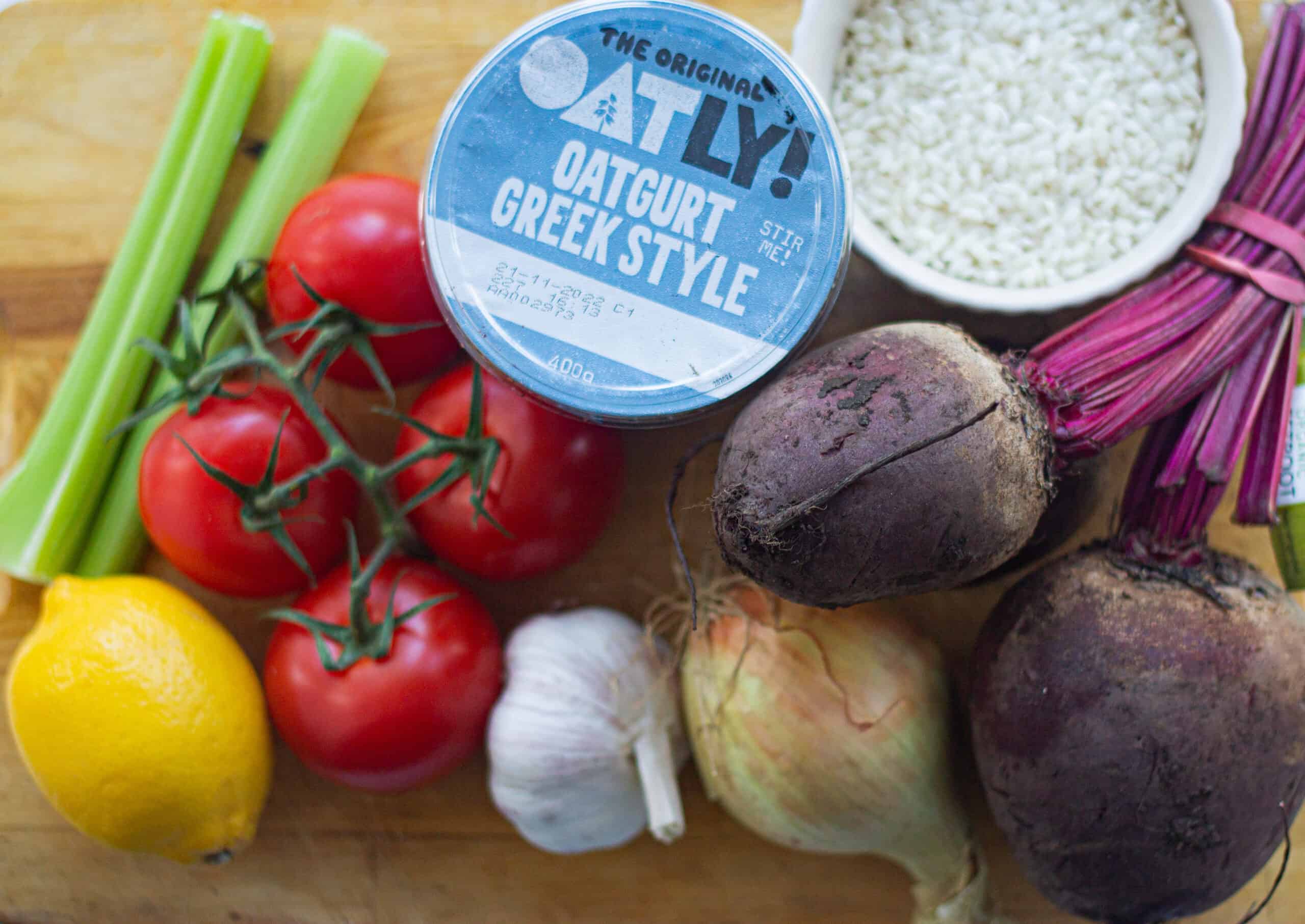 A chopping board with risotto ingredients