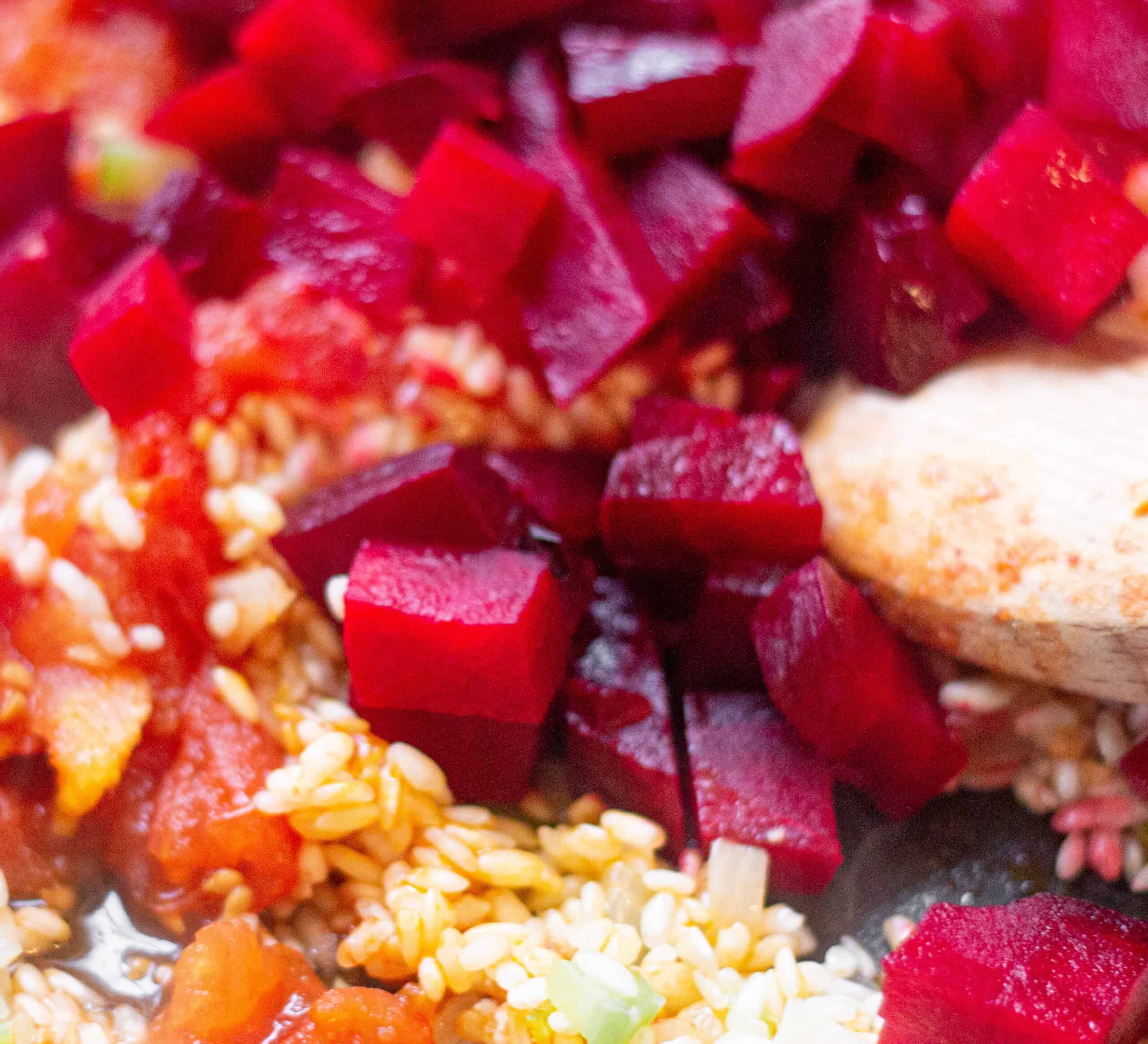 Adding beetroot and tomato to risotto