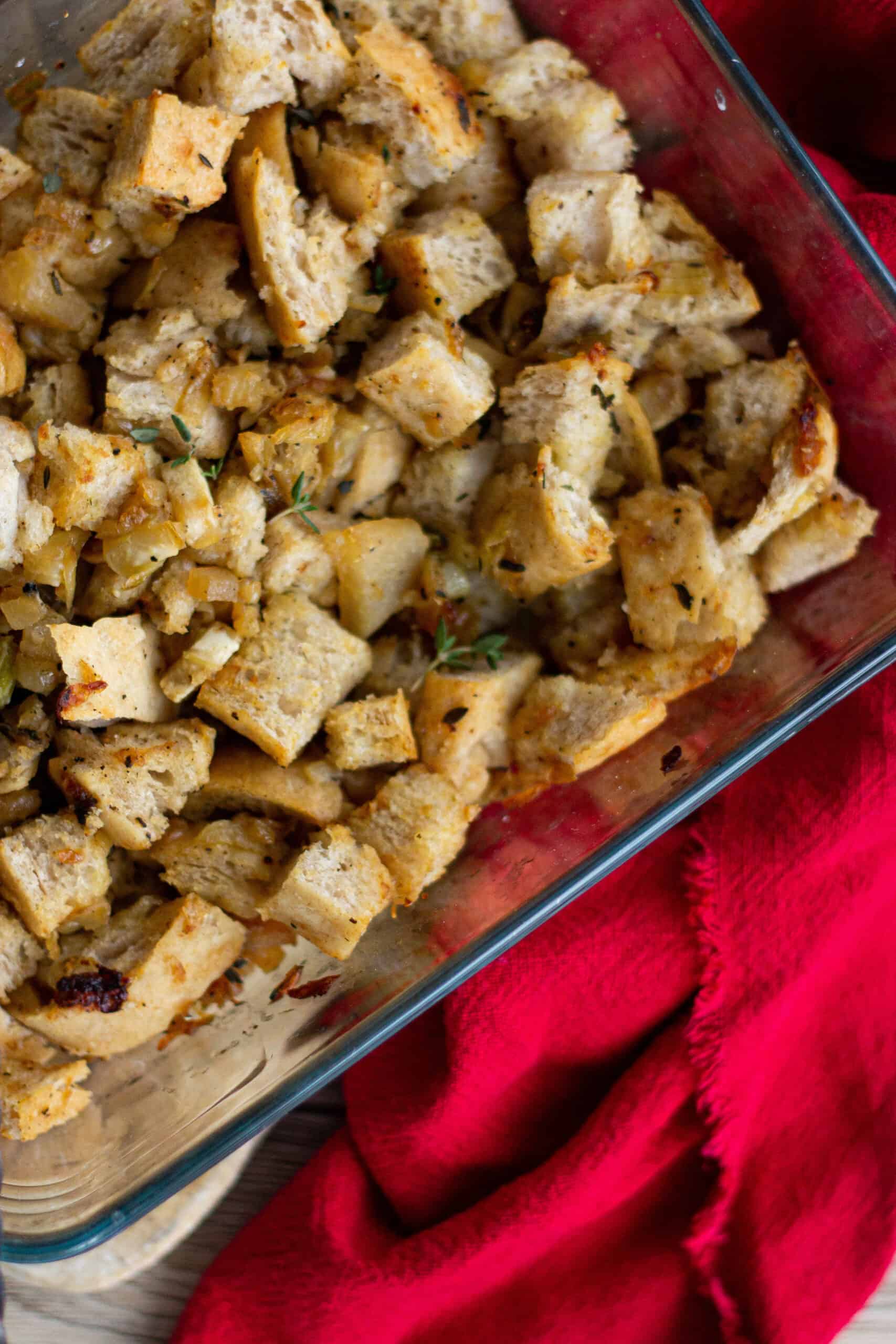 A large dish of bread stuffing