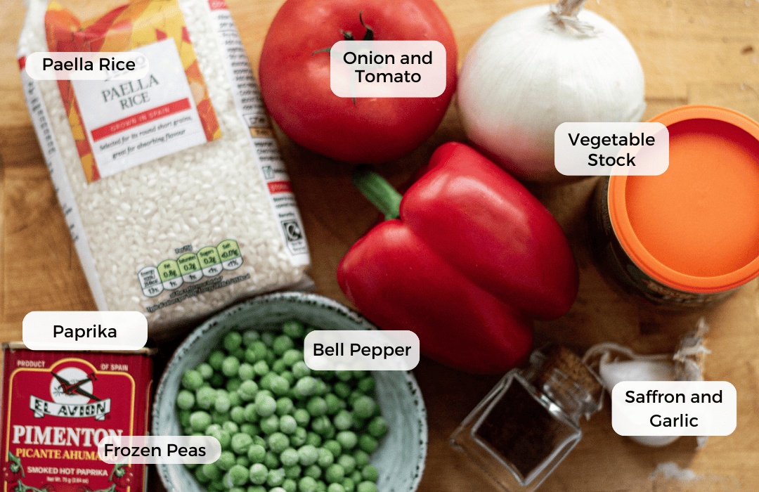 A chopping board of ingredients for vegan paella.