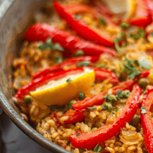 A pan of vegan paella