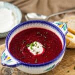 Borscht Soup in a bowl with yogurt