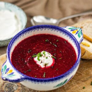 Borscht Soup in a bowl with yogurt