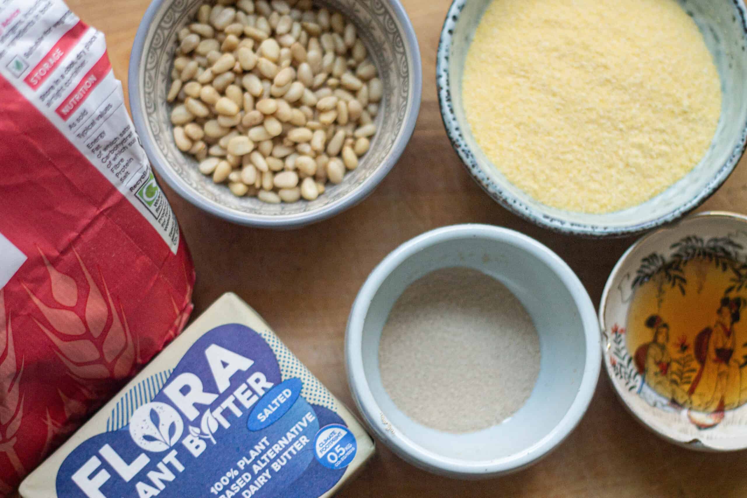 Ingredients for pine nut and polenta bread