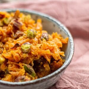 Carrot Halva in a blue bowl