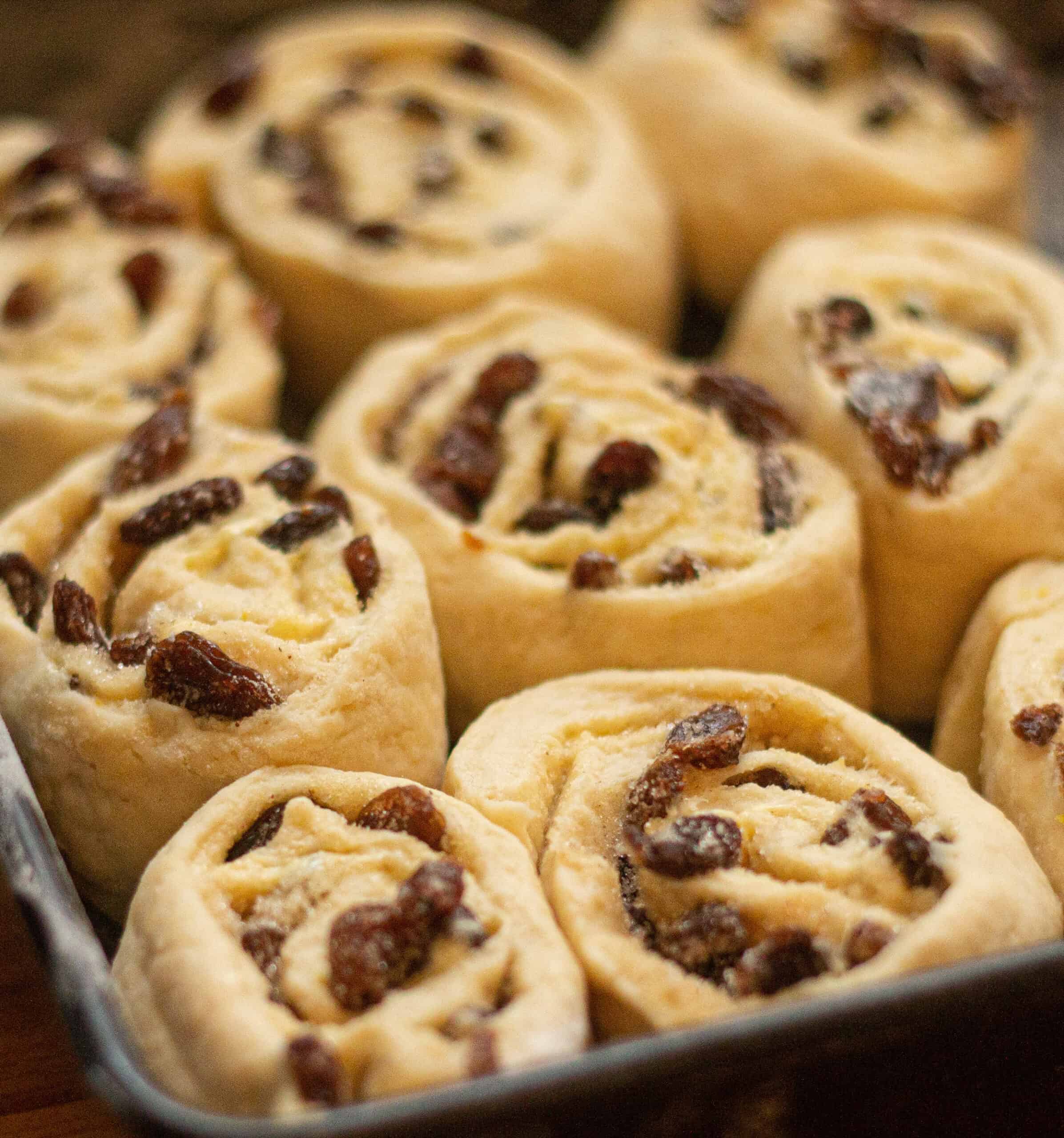 Rolled chelsea buns ready to bake