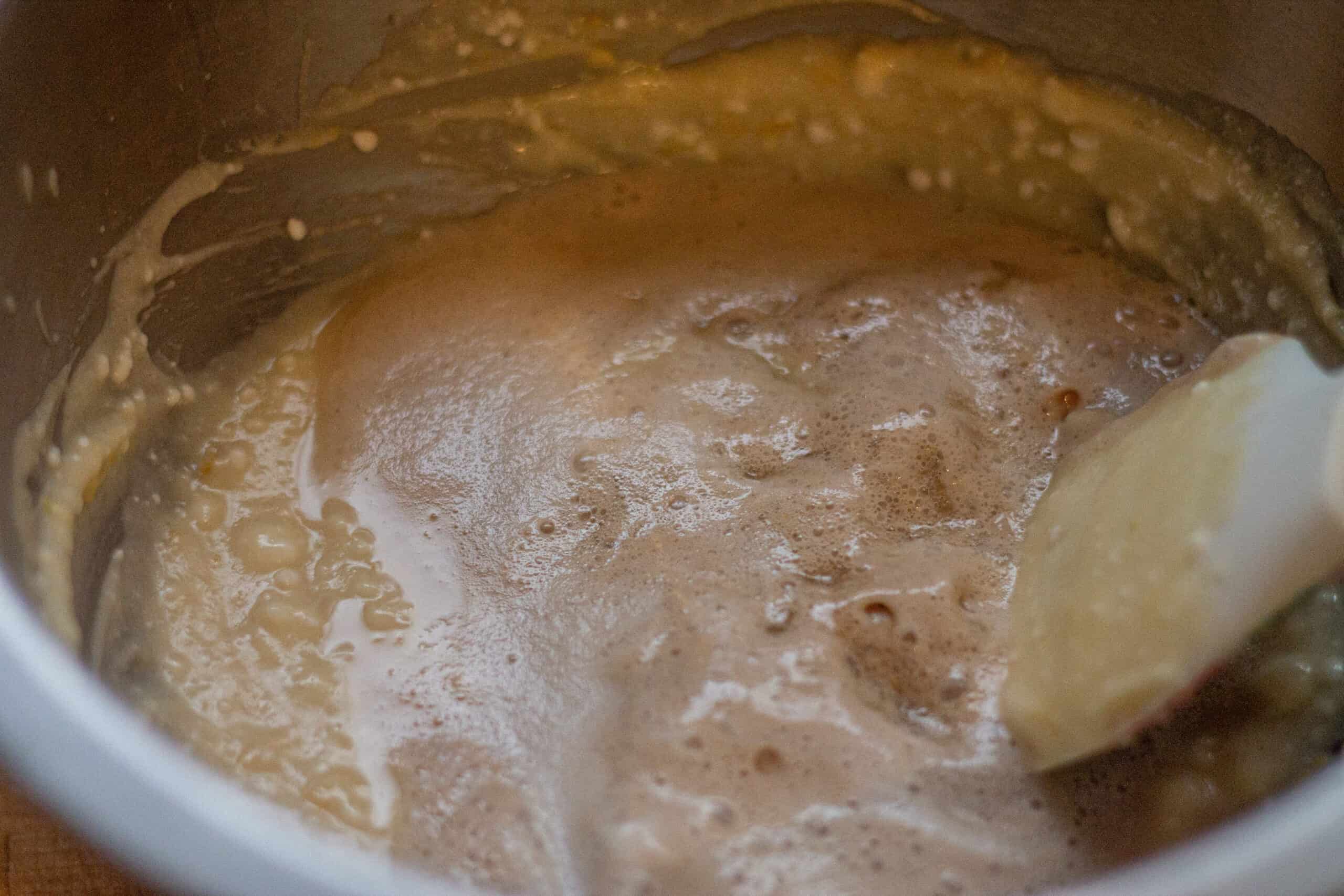 Adding yeast to pandoro mixture