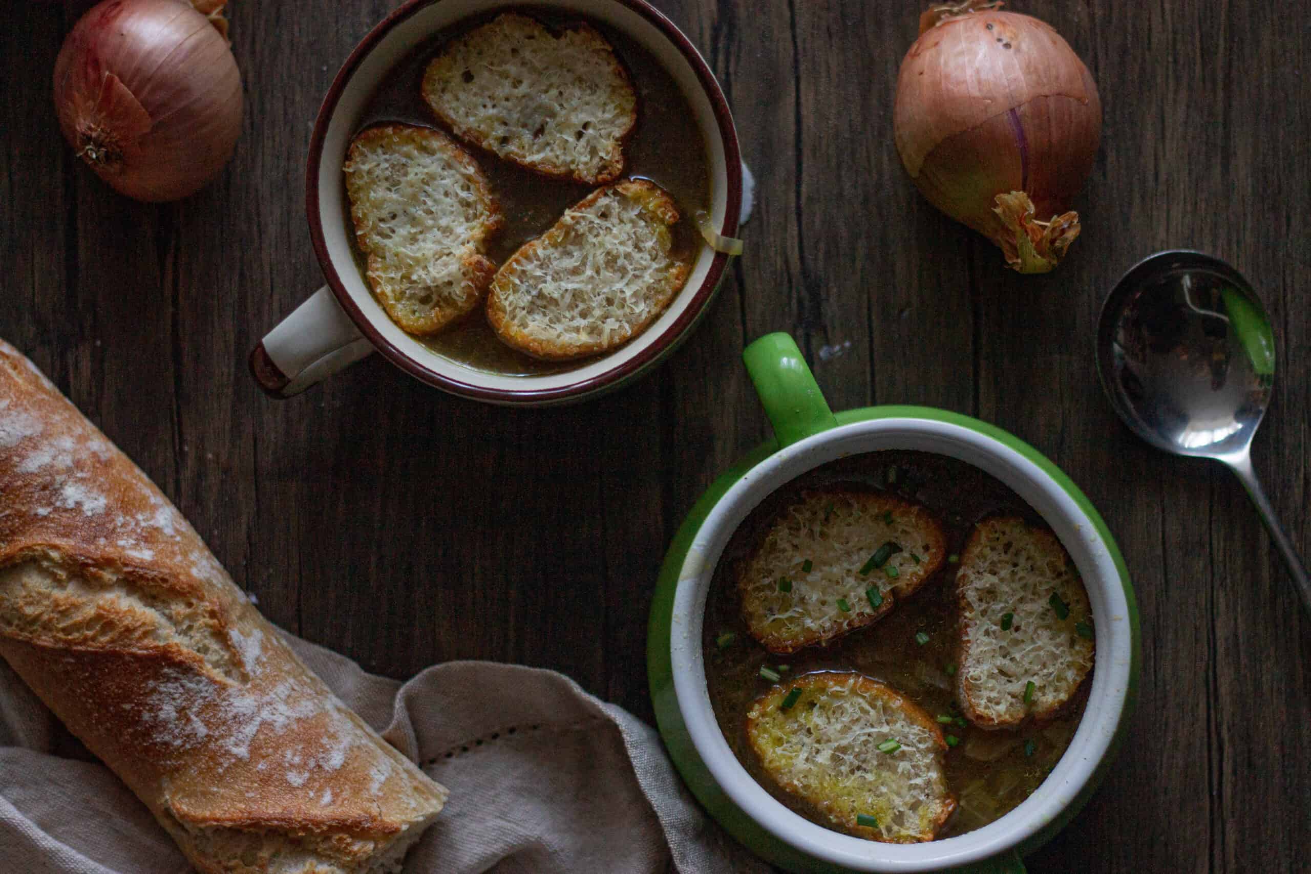 Two bowls of French onion soup