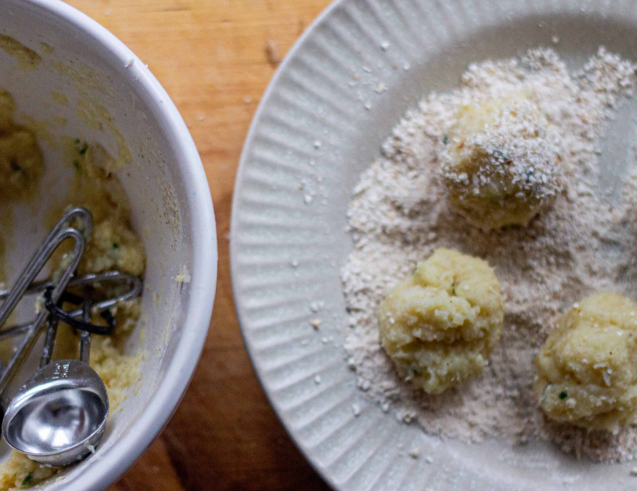 Rolling parsnip balls in breadcrumbs