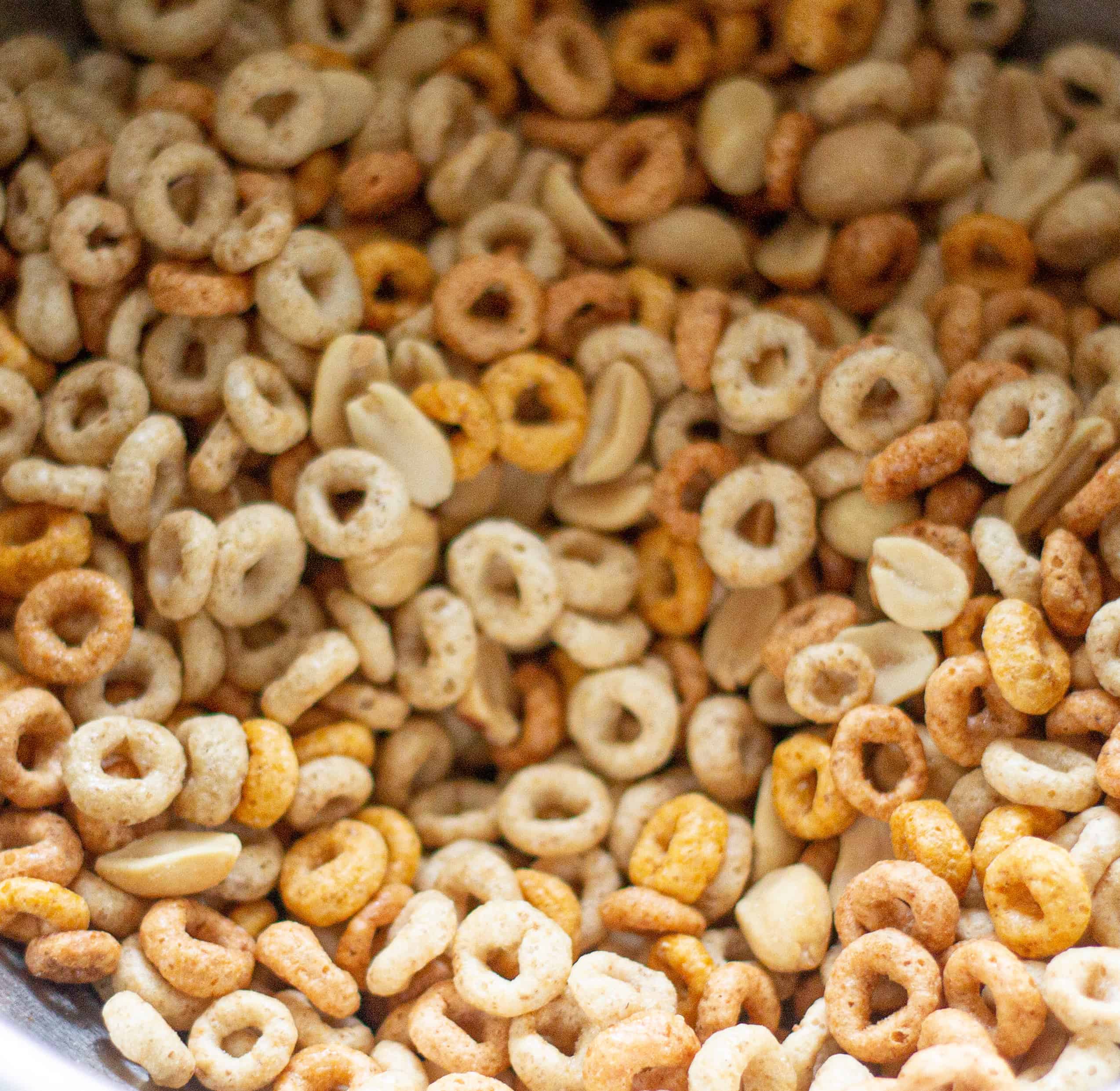 Cheerios and peanuts mixed in a bowl