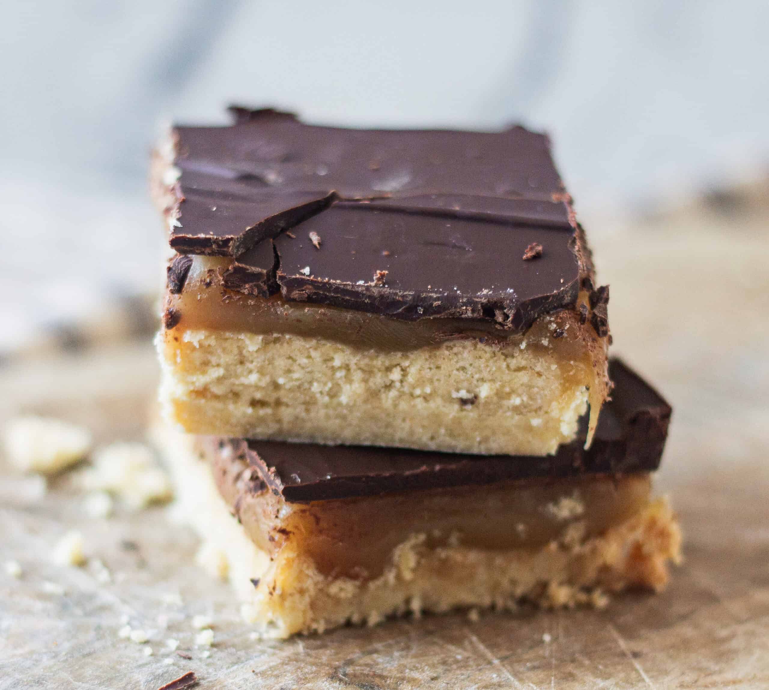 A small stack of millionaire's shortbread