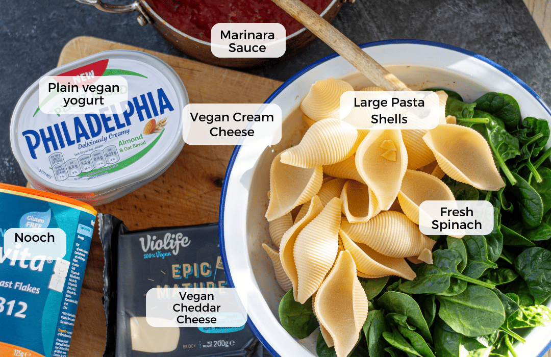 Ingredients for making stuffed pasta shells.