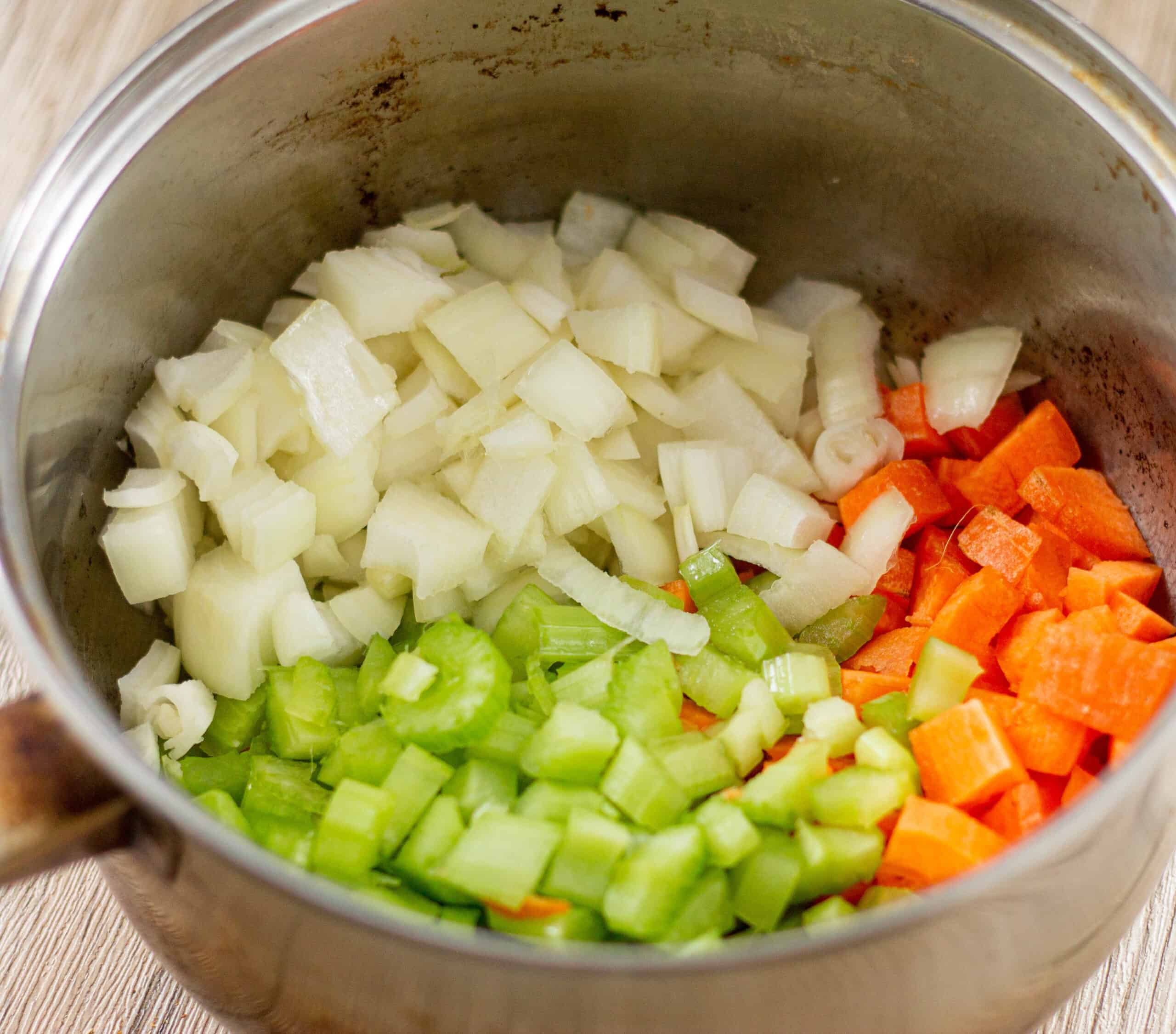 Onions, celery and carrots in a saucepan