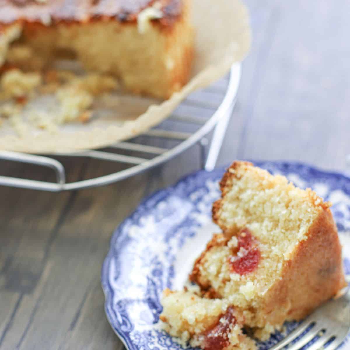 Cherry Cake on a blue saucer