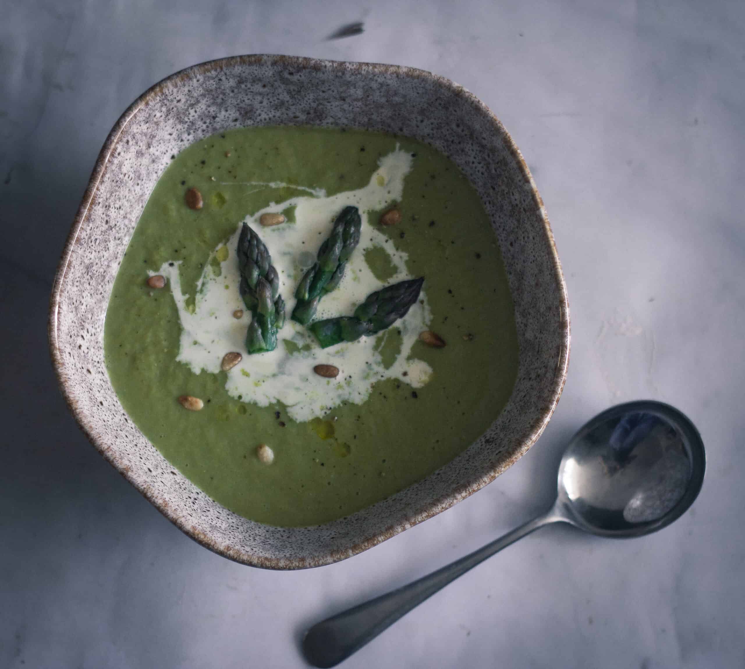 A large bowl of asparagus soup