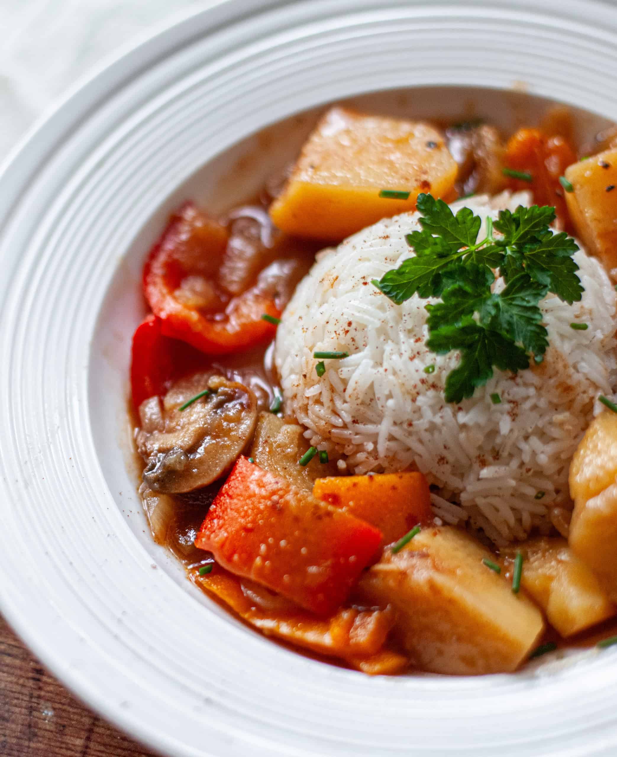 A large bowl of goulash