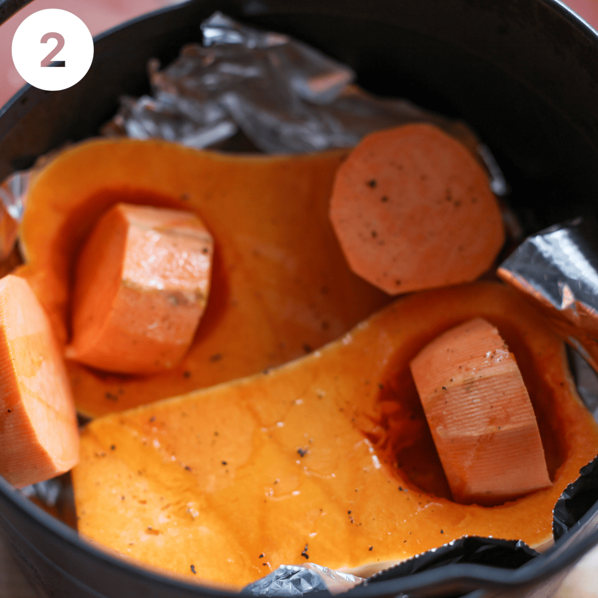 Roasting sweet potato and butternut squash.
