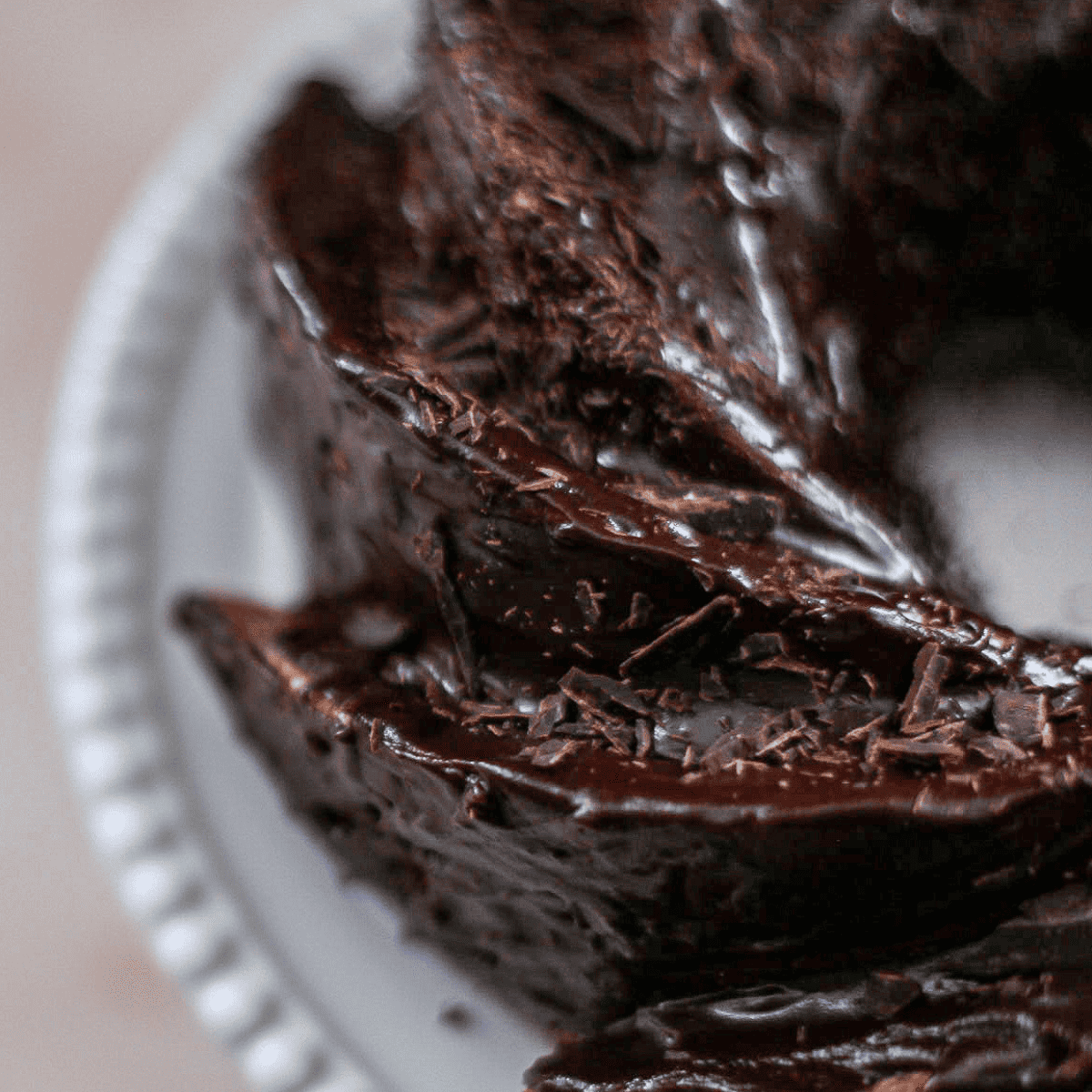 A cross section of a chocolate bundt cake.