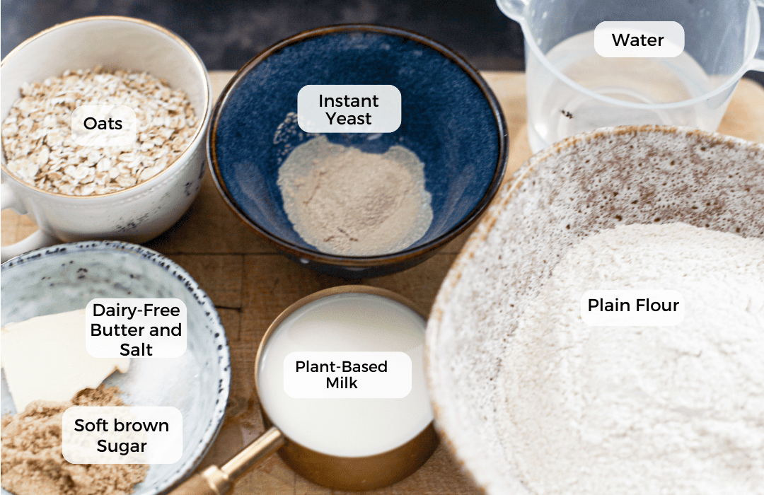 Ingredients for oatmeal bread.