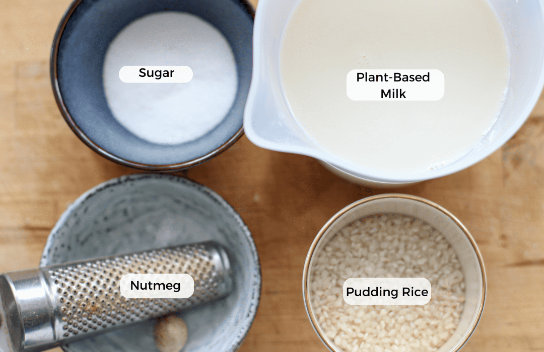 Ingredients for vegan rice pudding.