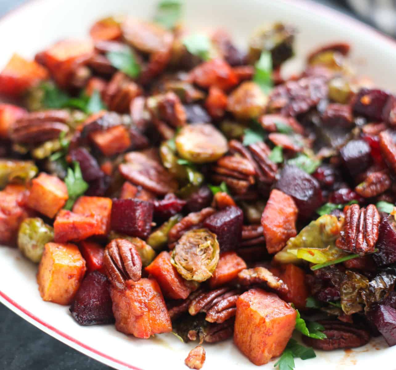 A plate of roasted vegetables.