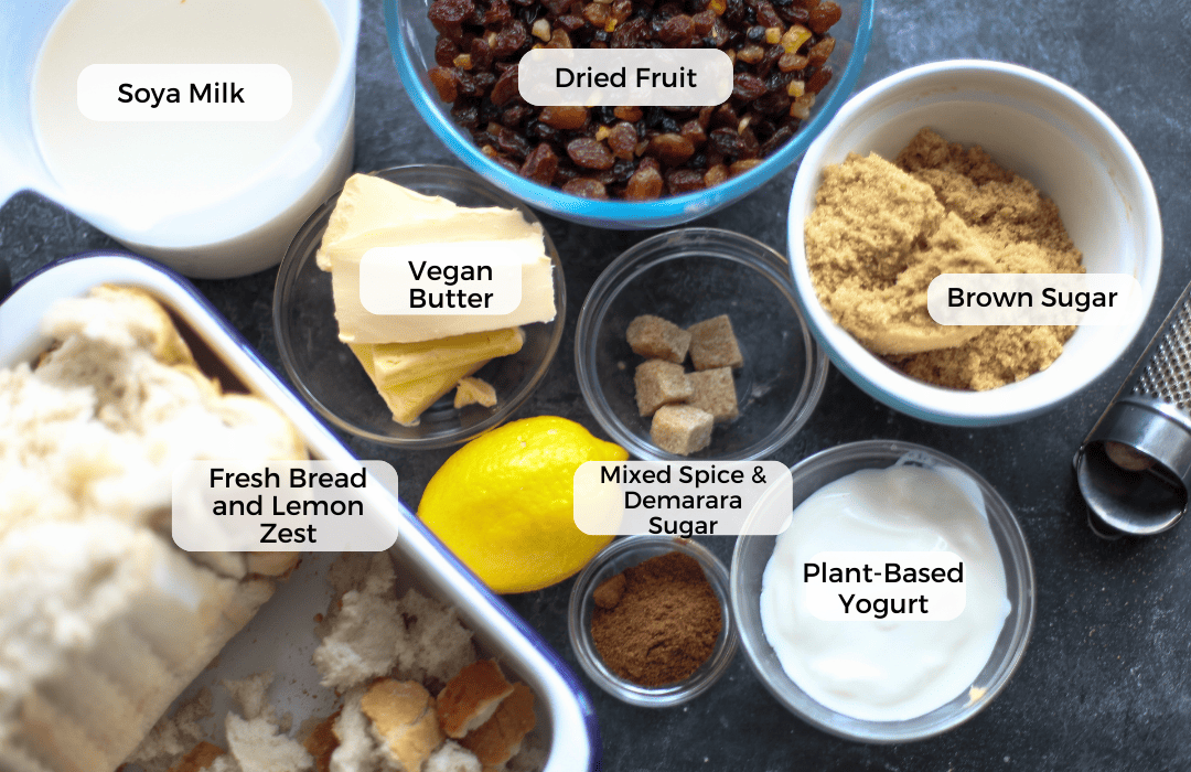 Ingredients for vegan bread pudding.
