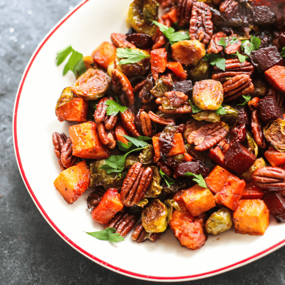 Maple Soy Roasted Vegetables with Pecans | Sweeter Than Oats