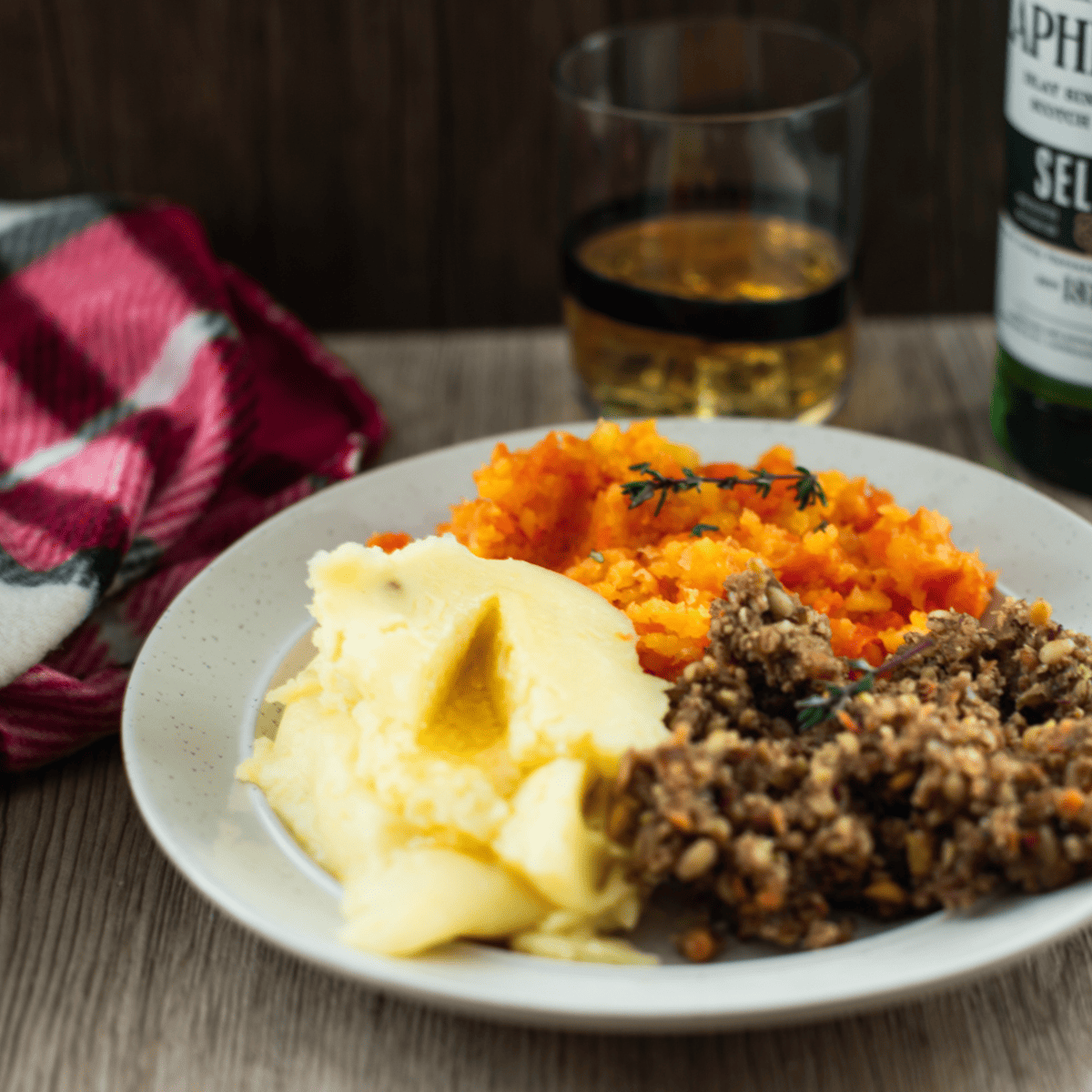 A plate with haggis and potatoes and swede for Burns night.