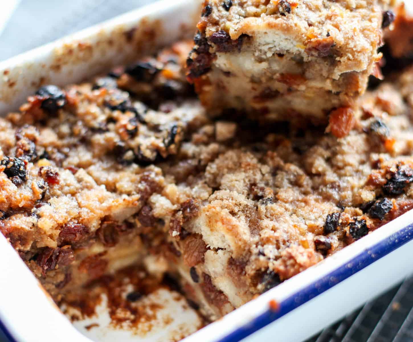 Baked bread pudding in a dish.
